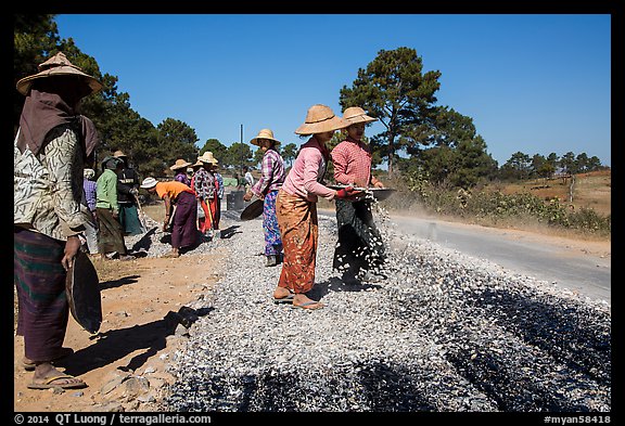 Women doing road construction work. Shan state, Myanmar