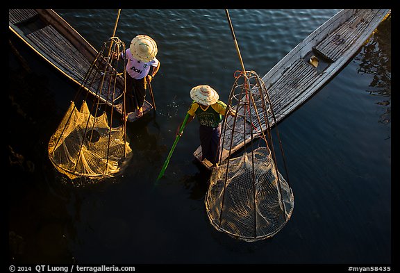 Intha fishermen with conical baskets seen from above. Inle Lake, Myanmar (color)