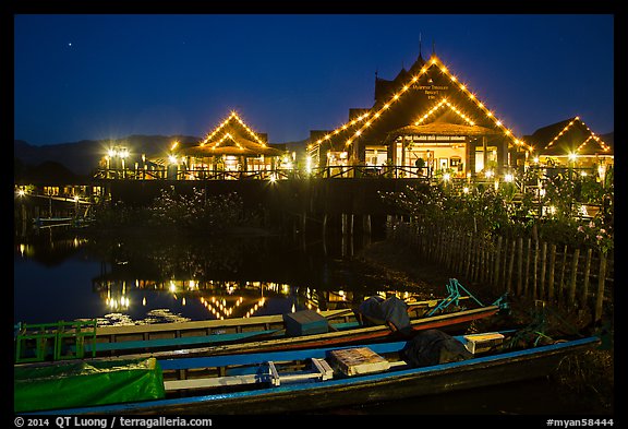 Entrance of Myanmar Treasure Resort at night. Inle Lake, Myanmar