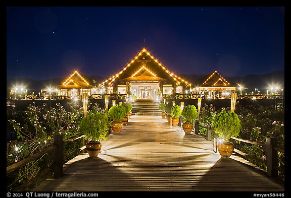 Main deck of Myanmar Treasure Resort at night. Inle Lake, Myanmar (color)