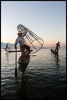 Group of Intha fishermen at dawn. Inle Lake, Myanmar ( color)