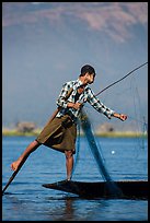 Intha fisherman gathering net. Inle Lake, Myanmar ( color)
