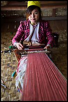 Young padaung woman weaving. Inle Lake, Myanmar ( color)