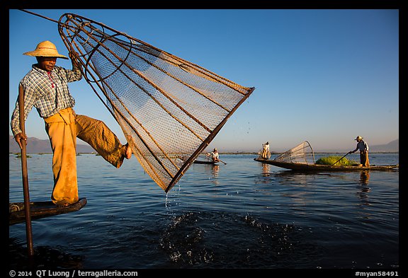 Intha fisherman lifting conical net basket. Inle Lake, Myanmar