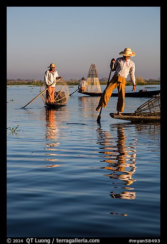 Intha fishermen and reflections. Inle Lake, Myanmar (color)