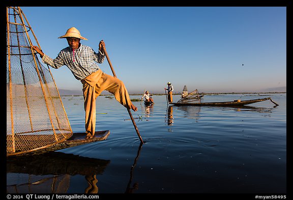 Group of Intha people fishing. Inle Lake, Myanmar