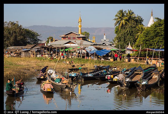 Villagers arriving by boat at market. Inle Lake, Myanmar