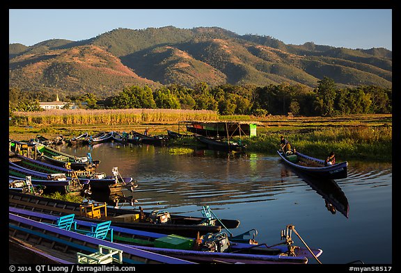 Canal, fields, and hills, Maing Thauk Village. Inle Lake, Myanmar