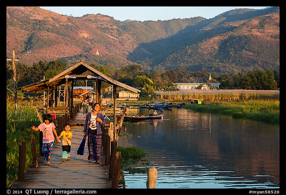 Pier and hills, Maing Thauk Village. Inle Lake, Myanmar
