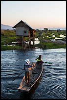Children rowing across canal towards floating gardens, Maing Thauk Village. Inle Lake, Myanmar ( color)
