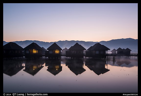 Cottages on stilts at dawn. Inle Lake, Myanmar