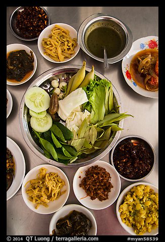 Close-up of Burmese meal. Bago, Myanmar (color)