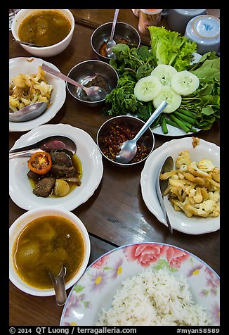 Typical Burmese lunch. Bago, Myanmar (color)