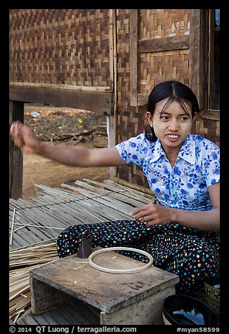 Woman making a lacquer bowl,  Mingun village. Bagan, Myanmar (color)