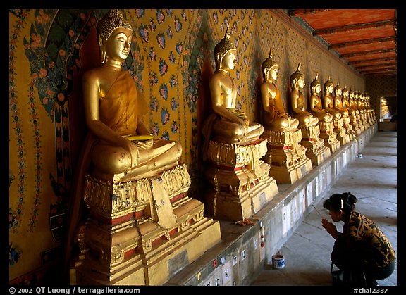 Woman worships a buddha image, Wat Arun. Bangkok, Thailand (color)