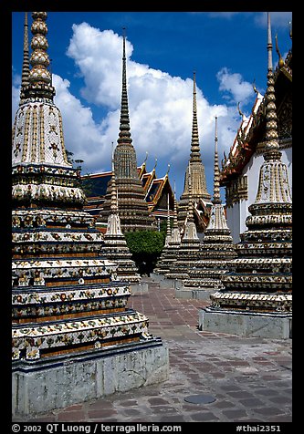 Layered and streamlined chedis in Ratanakosin style, Wat Pho. Bangkok, Thailand (color)