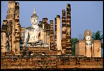 Columns and Buddha statue, Wat Mahathat. Sukothai, Thailand
