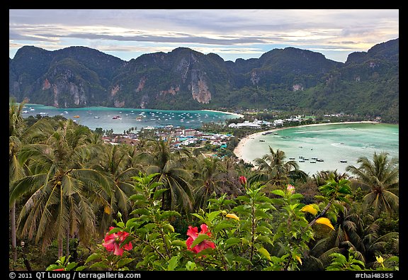 Panoramic view of isthmus and Tonsai village, Ko Phi-Phi island. Krabi Province, Thailand (color)