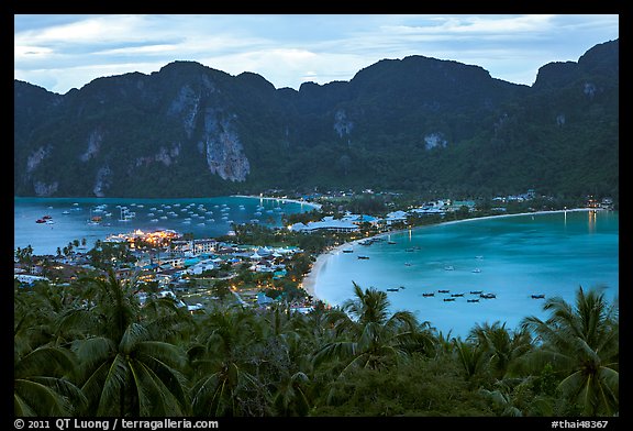 Tonsai village, bays, and hill at dusk from above, Ko Phi Phi. Krabi Province, Thailand