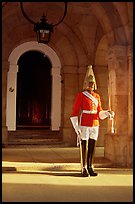 Horseguard standing in front of door. London, England, United Kingdom (color)