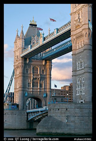 Close view of the Tower Bridge, a landmark 1876 bascule bridge. London, England, United Kingdom