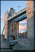 Close view of the Tower Bridge, a landmark 1876 bascule bridge. London, England, United Kingdom (color)