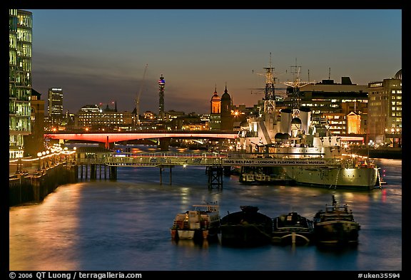 HMS Belfast, London Bridge, and Thames at night. London, England, United Kingdom (color)