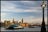 Lamp, Thames River, and Westminster Palace. London, England, United Kingdom
