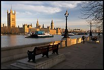 Riverfront promenade, Thames River, and Westminster Palace. London, England, United Kingdom