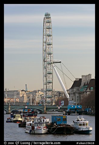 Boats, Thames River, and London Eye. London, England, United Kingdom