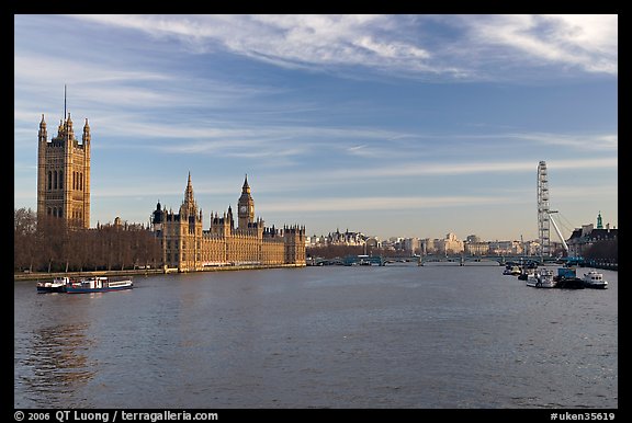 London Skyline with Westminster Palace, Westminster Bridge, and Millennium Wheel. London, England, United Kingdom