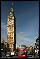 Double decker bus on Westminster Bridge  and Big Ben. London, England, United Kingdom (color)