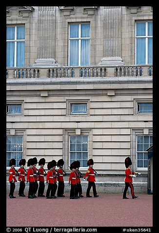 Guards marching during the changing of the Guard, Buckingham Palace. London, England, United Kingdom (color)