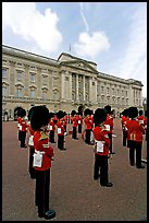 Guards and Buckingham Palace, the changing of the Guard. London, England, United Kingdom ( color)