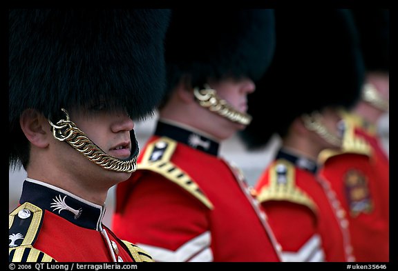 Close up of guards in ceremonial dress. London, England, United Kingdom