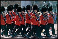 Guards with tall bearskin hats  marching near Buckingham Palace. London, England, United Kingdom ( color)