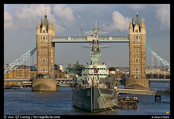 HMS Belfast cruiser and Tower Bridge, late afternoon. London, England, United Kingdom (color)