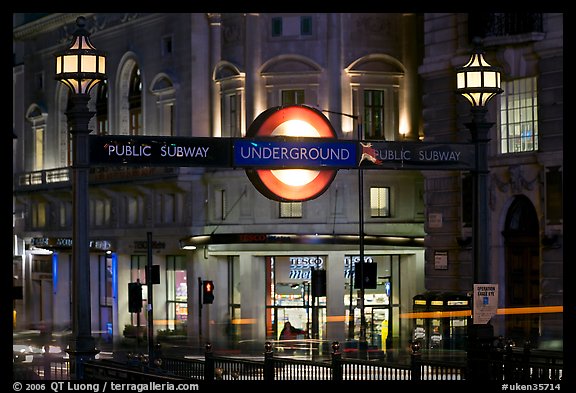 Subway entrance at night, Piccadilly Circus. London, England, United Kingdom
