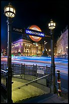 Underground  entrance and lights from traffic at night, Piccadilly Circus. London, England, United Kingdom (color)