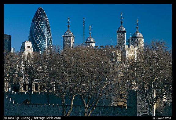 Tower of London and 30 St Mary Axe building (The Gherkin). London, England, United Kingdom (color)