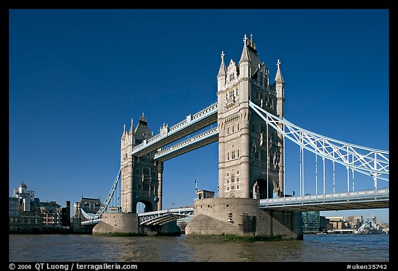 Tower Bridge at river level, morning. London, England, United Kingdom