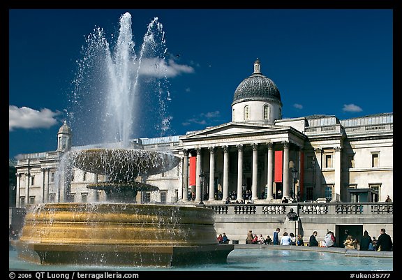 Fountain and National Gallery, Trafalgar Square, mid-day. London, England, United Kingdom