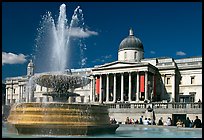 Fountain and National Gallery, Trafalgar Square, mid-day. London, England, United Kingdom ( color)