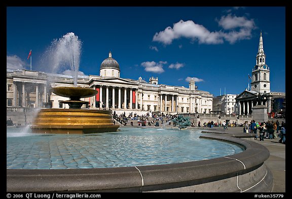 Fountain, National Gallery, and  St Martin's-in-the-Fields church, Trafalgar Square. London, England, United Kingdom