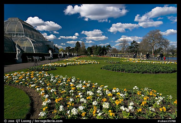 Flower bed and Palm House, afternoon. Kew Royal Botanical Gardens,  London, England, United Kingdom (color)