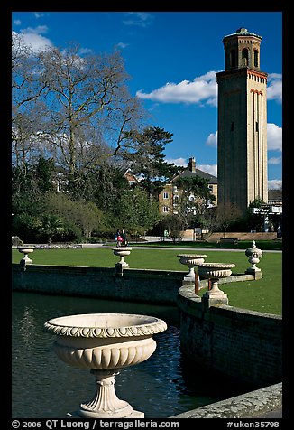 Vasques, lake and campanile. Kew Royal Botanical Gardens,  London, England, United Kingdom