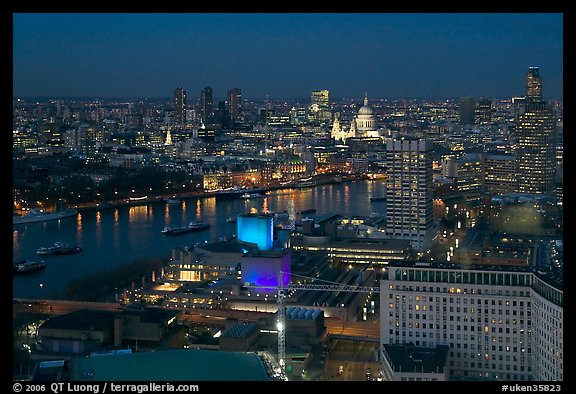 Aerial view of central London at dusk with Saint Paul and Thames River. London, England, United Kingdom (color)