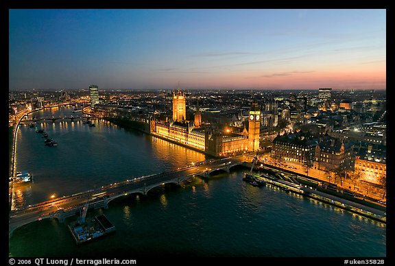Aerial view of Thames River, Westmister Bridge and Palace at dusk. London, England, United Kingdom
