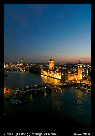 Aerial view of Thames River and Houses of Parliament at dusk. London, England, United Kingdom (color)