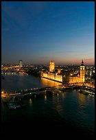 Aerial view of Thames River and Houses of Parliament at dusk. London, England, United Kingdom ( color)